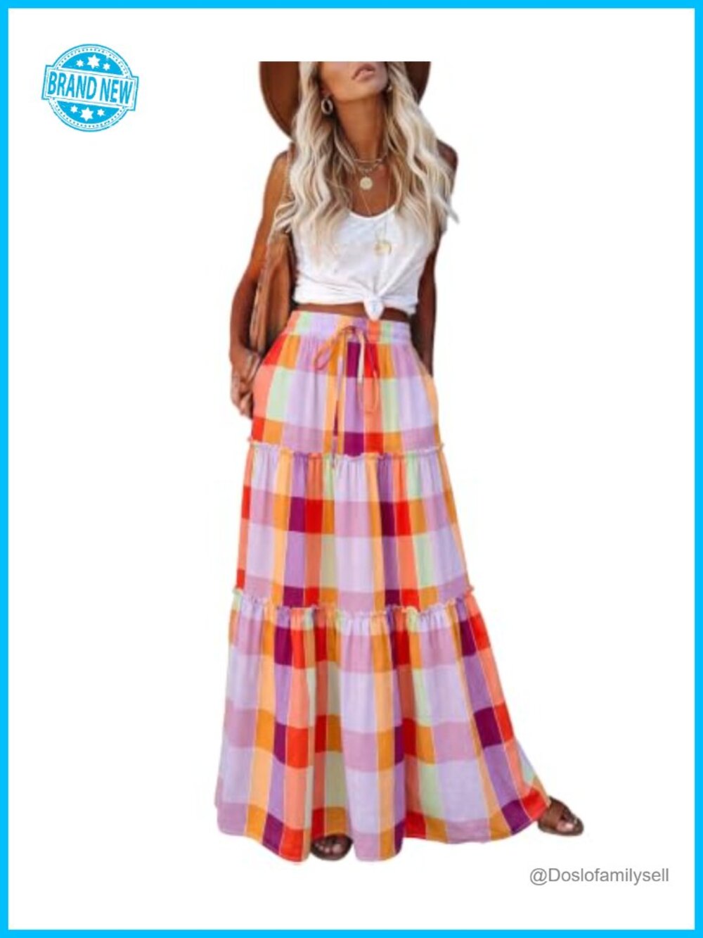 Boho Maxi Skirt High Waist Tie Flowy with Pockets 100% Polyester